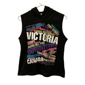 90s Vintage Victoria BC  Black Sleeveless Hooded Muscle Tank